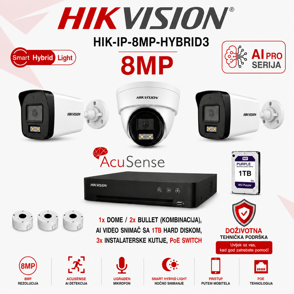 HIK-IP-8MP-HYBRID3 HIK-IP-8MP-HYBRID3 Hikvision IP PoE set s 3 kamere