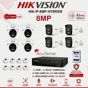 HIK-IP-8MP-HYBRID8 Hikvision 4K set sa 8 PoE kamera