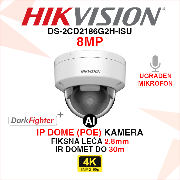 DS-2CD2186G2H-ISU DS-2CD2186G2H-ISU Hikvision IP kamera 8MP 2.8mm