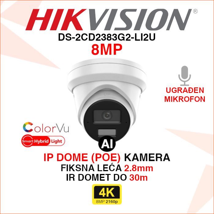 DS-2CD2383G2-LI2U DS-2CD2383G2-LI2U Hikvision IP kamera 8MP 2.8mm